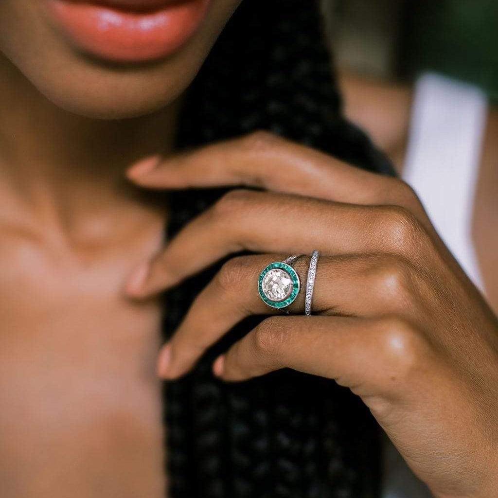 Bezel Set Emerald & Old European Cut Halo Engagement Ring