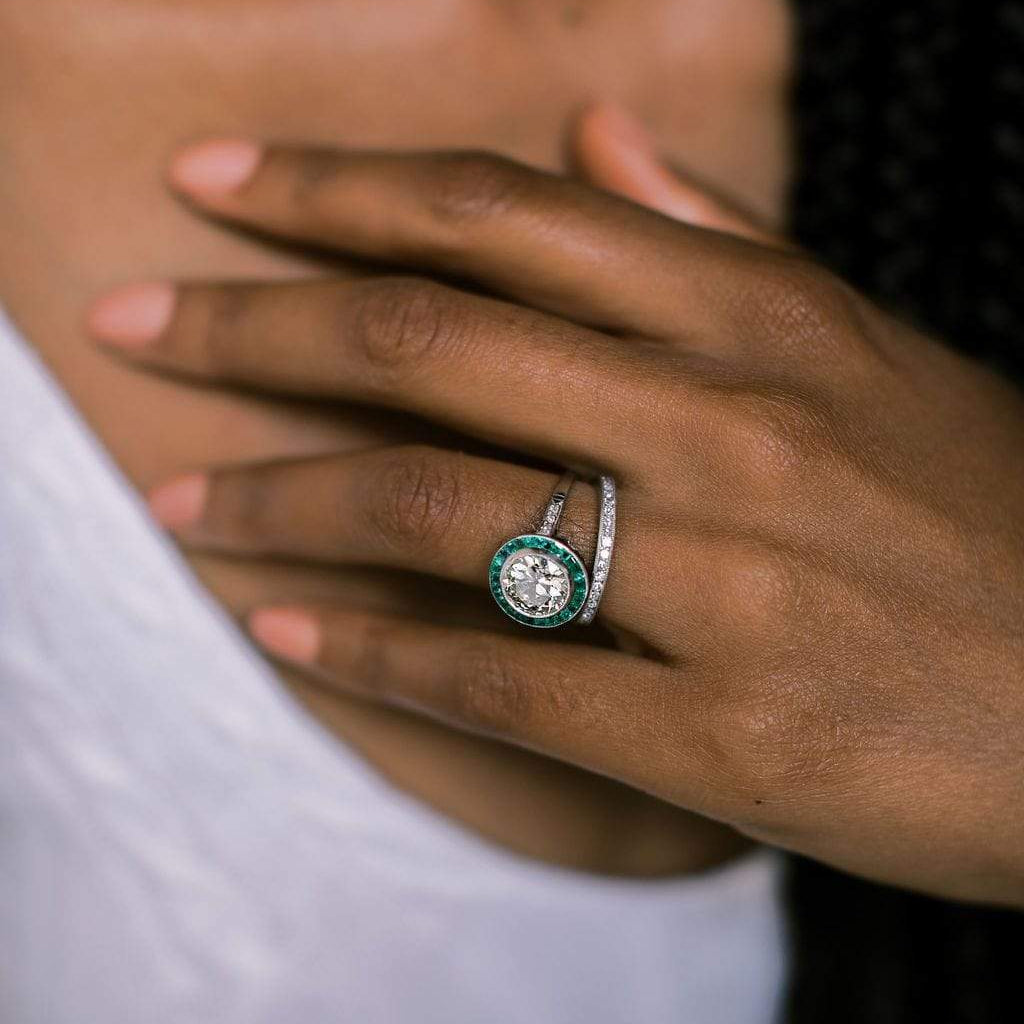 Bezel Set Emerald & Old European Cut Halo Engagement Ring