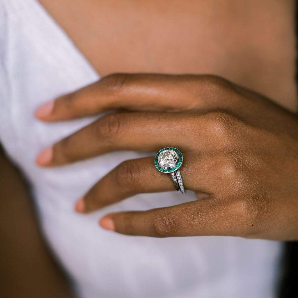 Bezel Set Emerald & Old European Cut Halo Engagement Ring