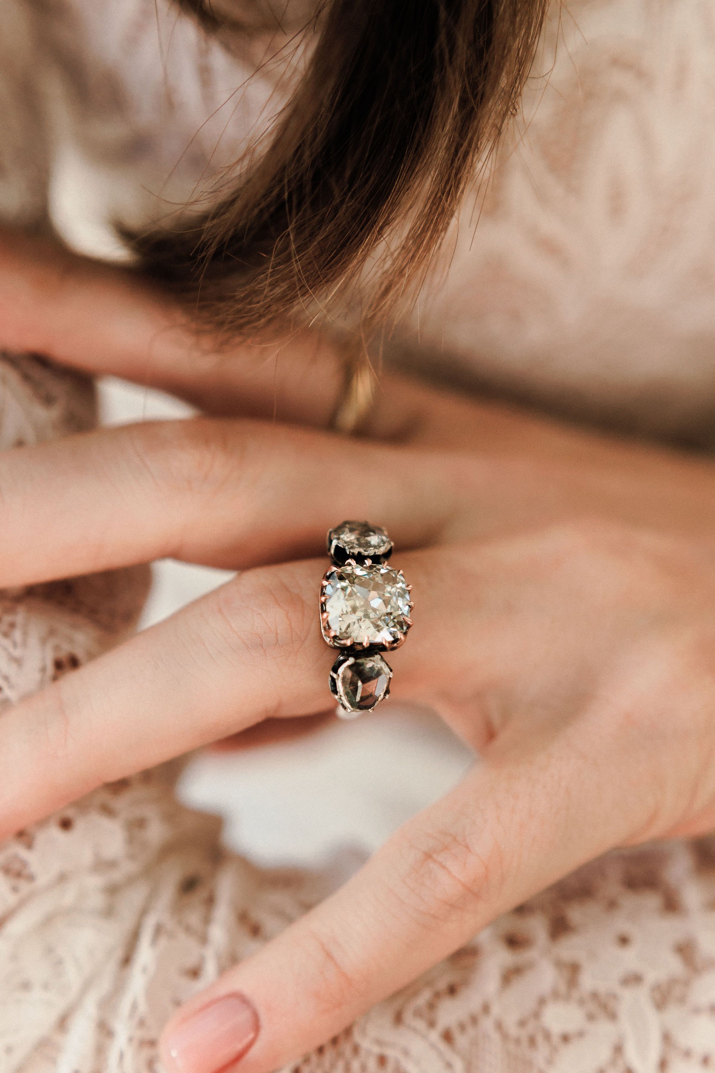 3.27ct antique cushion diamond Rose Gold And Silver Engagement Ring