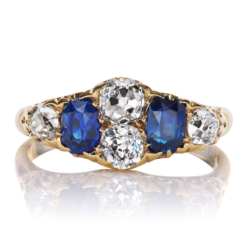 Antique No-Heat Cambodian Sapphire and Diamond Six Stone Ring