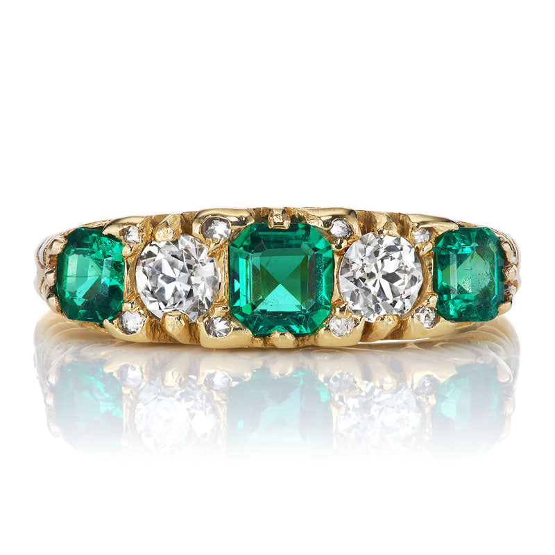 Antique Zambian Emerald and Diamond Half Hoop Ring