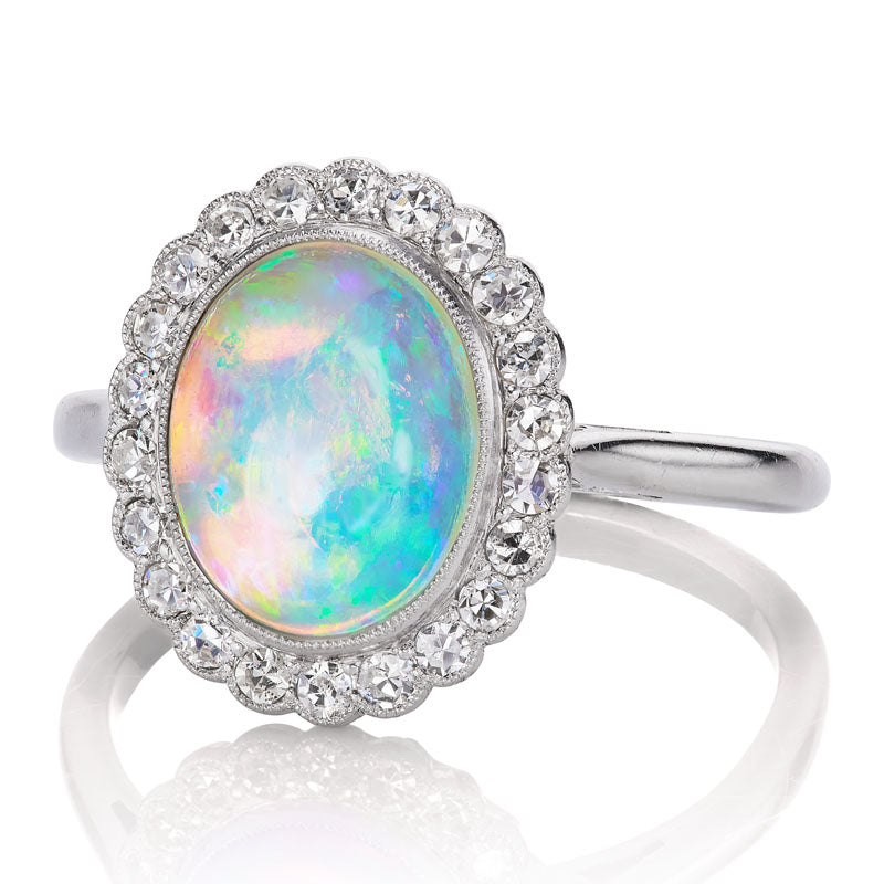 Cabochon cut opal cluster ring diamond with gemstone