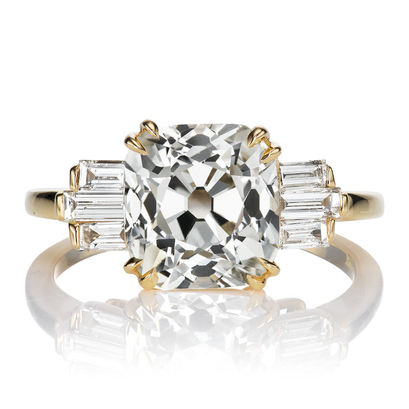 Chunky 3-carat Old Mine Cut Diamond with Horizontal Baguettes
