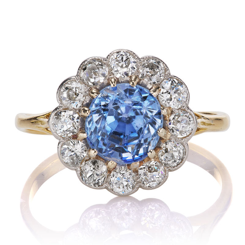 No-Heat Sapphire and Diamond Vintage Cluster Ring