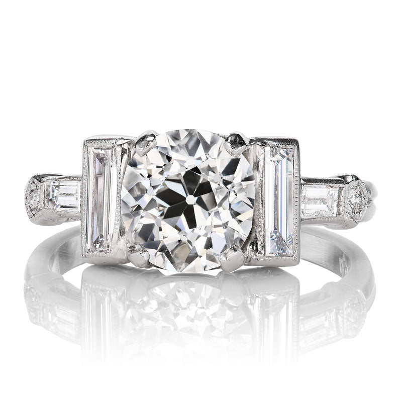 1.74ct Old Euro Diamond Ring with Baguette Side Stones