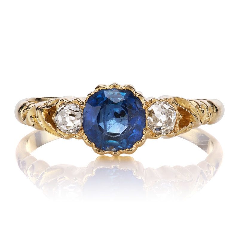 Antique No-Heat Sapphire Ring with Diamond Side Stones