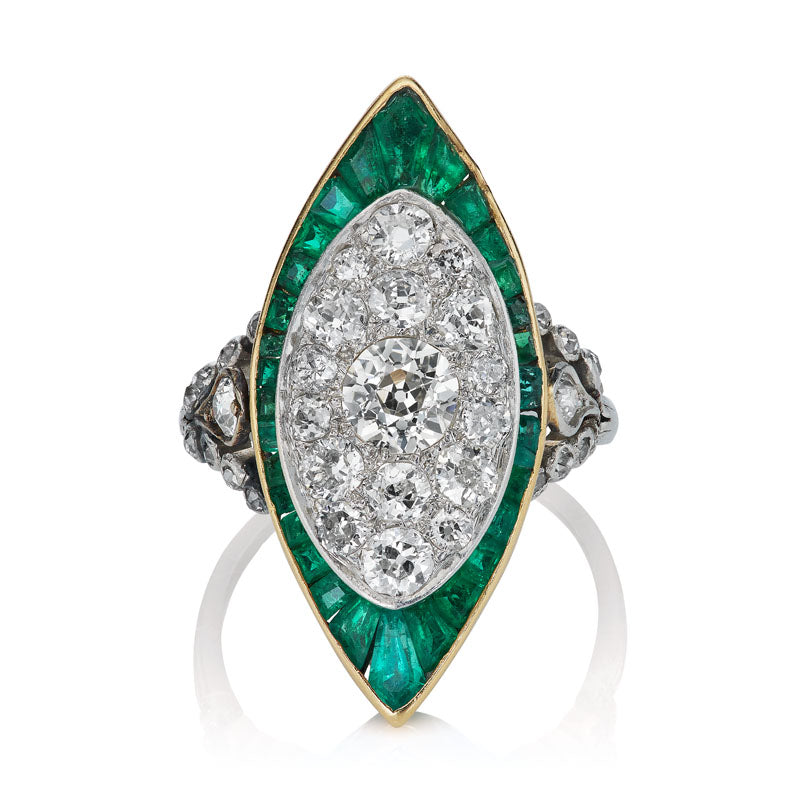 Antique Old Euro Cut Diamond + Emerald Cluster Ring