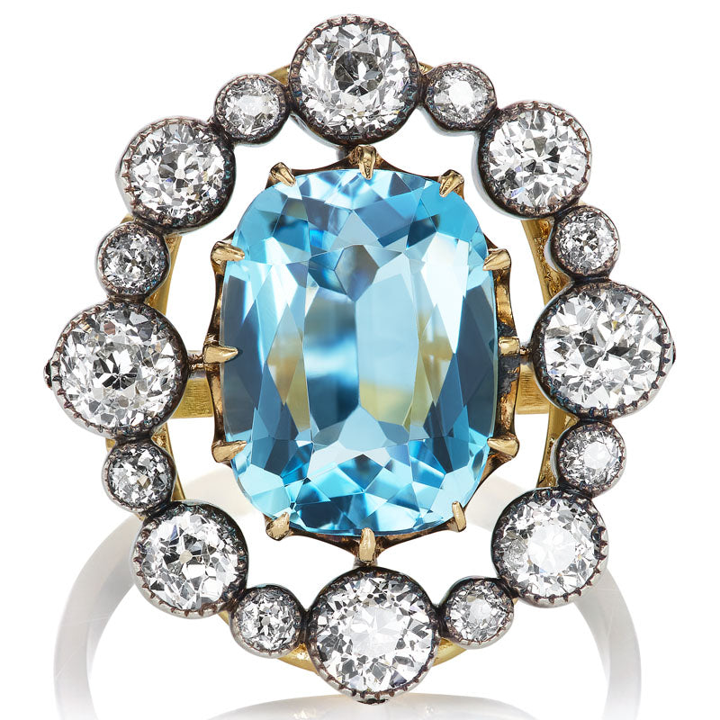 Antique Aquamarine and Diamond Cluster Ring