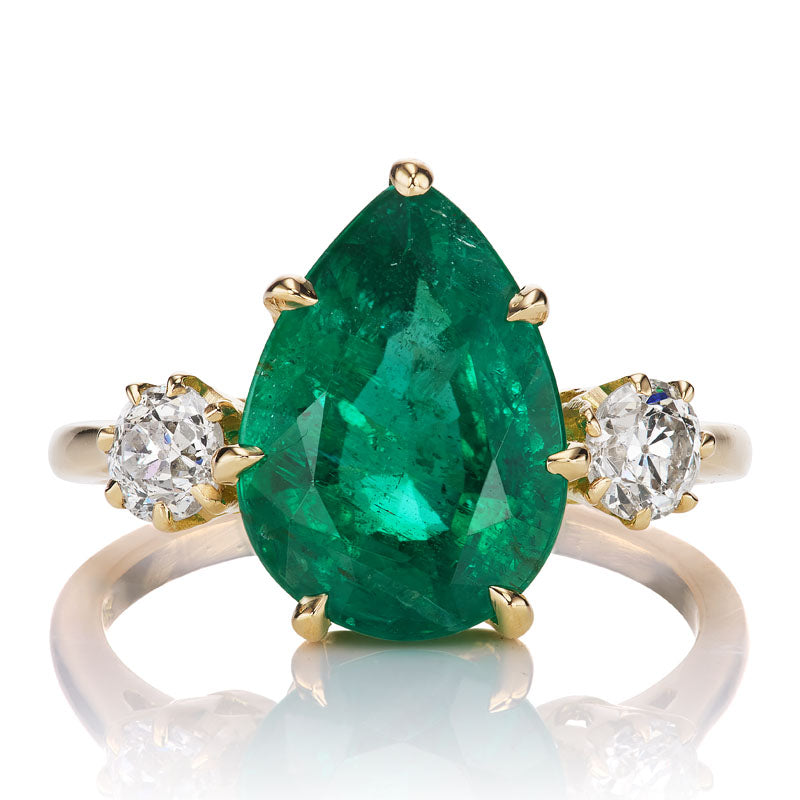 3.59 carat Pear Shaped Emerald Engagement Ring Diamond Side Stones