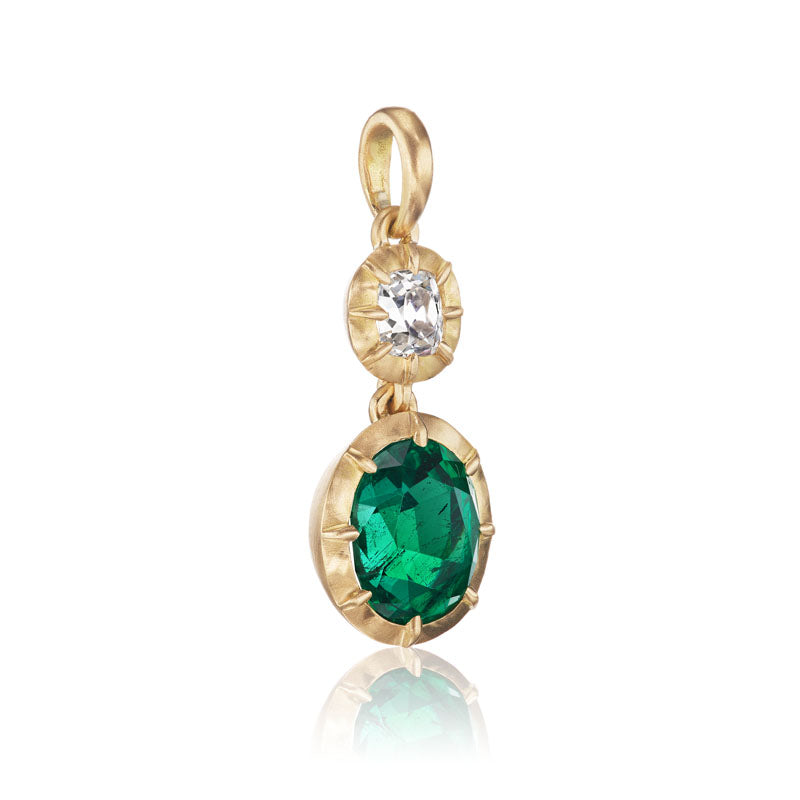 Zambian Emerald + Old Mine Cut Diamond Pendant with gemstone