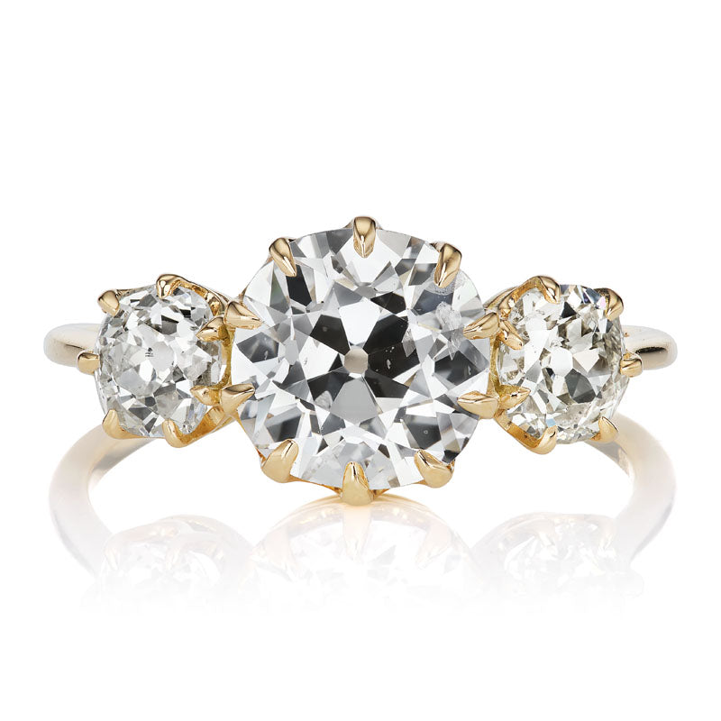 Three Stone Old Mine Cut Diamond Engagement Ring - 2.02ct Center Stone