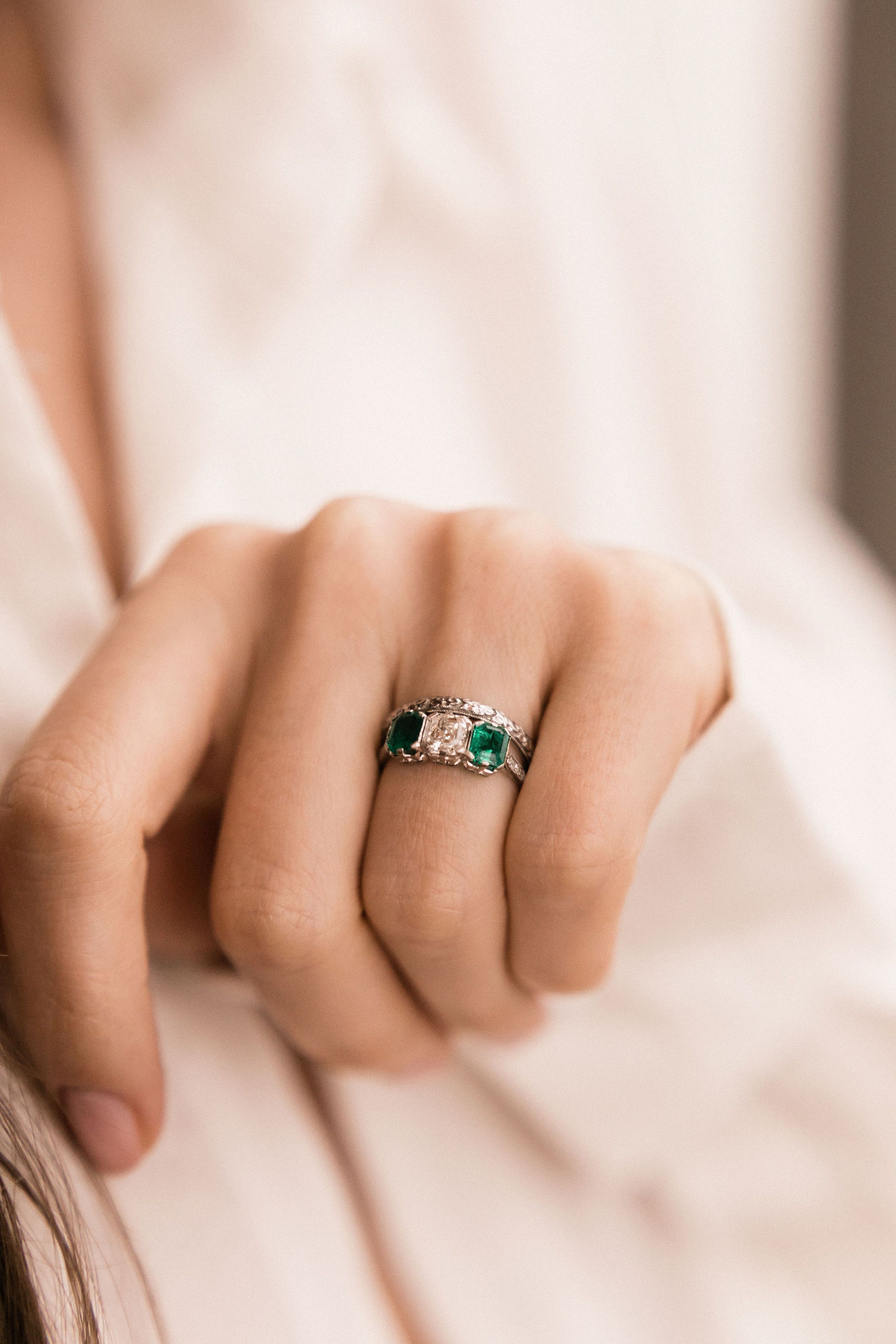 J.E. Caldwell Asscher Cut Diamond Engagement Ring With Emeralds