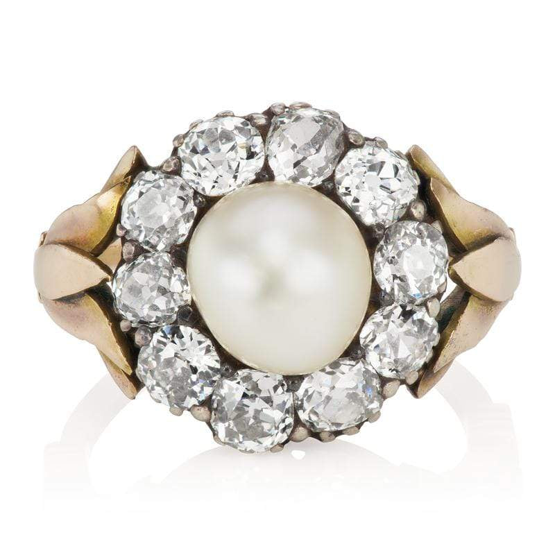 Art Nouveau Pearl & Diamond Halo Engagement Ring