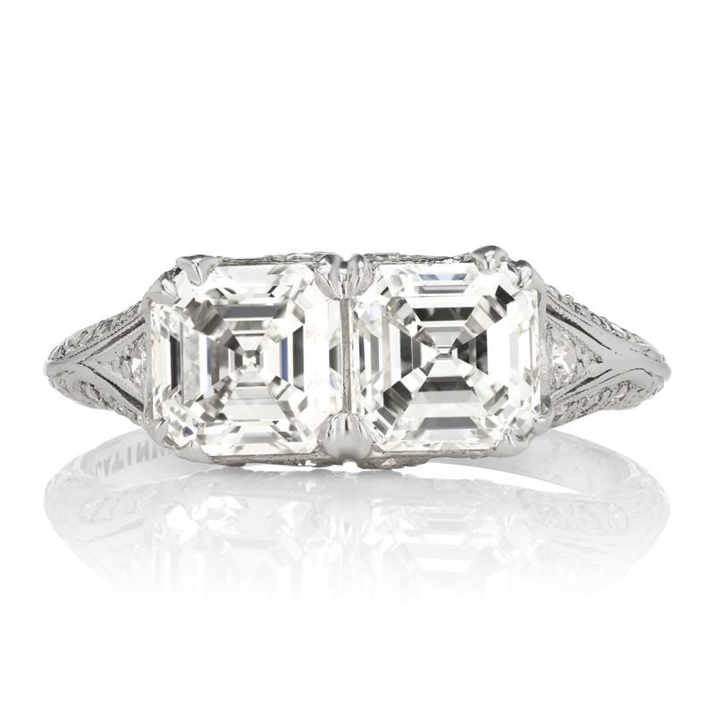 Art Deco Two Asscher Cut Diamond Engagement Ring