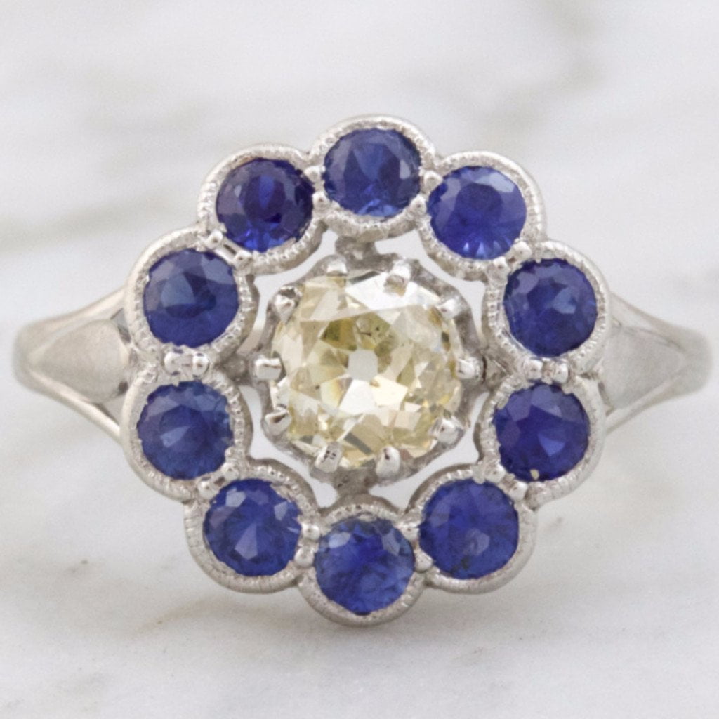 Edwardian Diamond Engagement Ring with Sapphire Halo | Grace - Victor Barbone