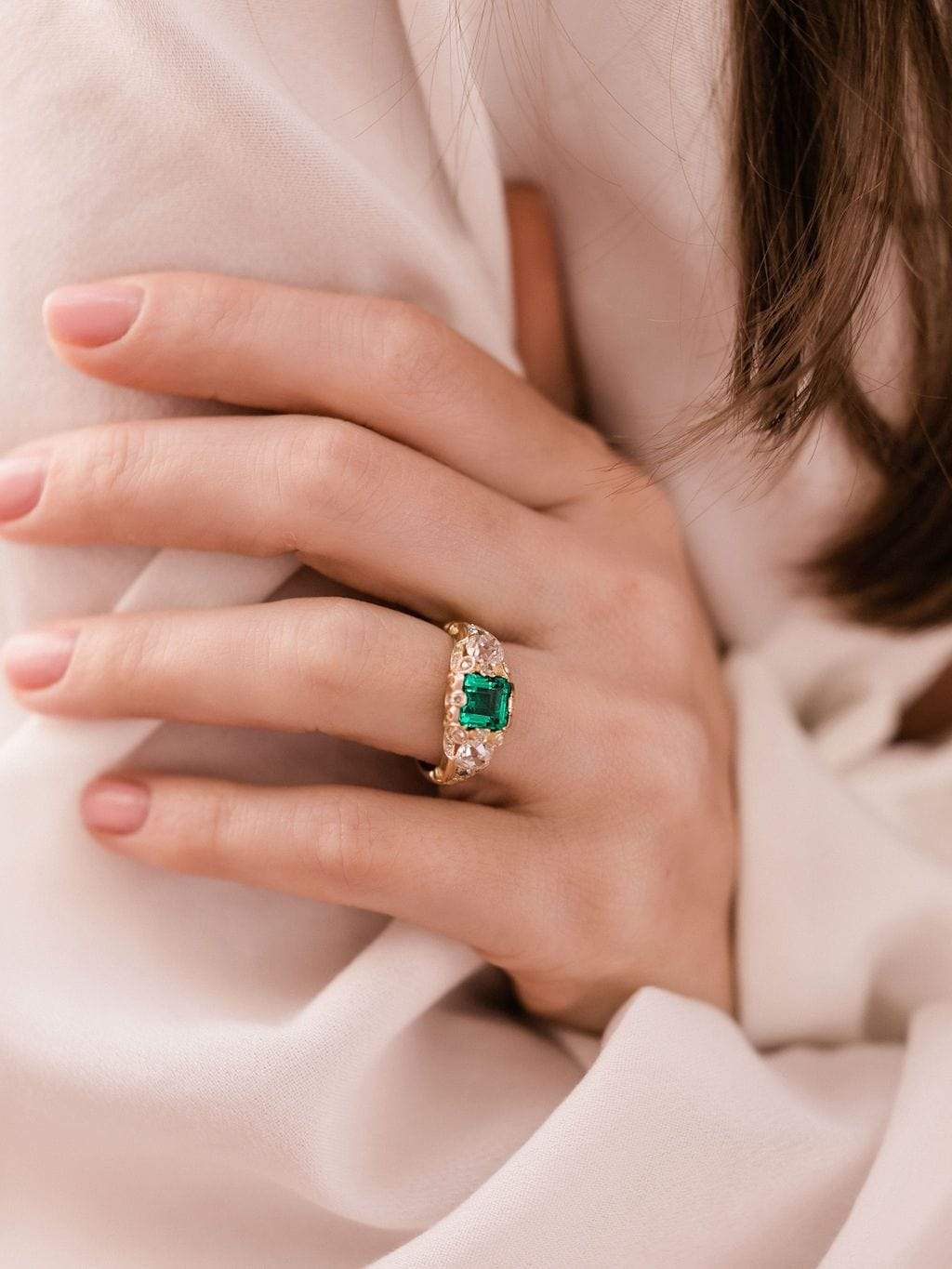 Low Profile Emerald & Diamond Engagement Ring