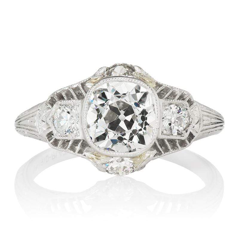 Old Mine Cut Vintage Engagement Ring With Bezel Set Side Stones