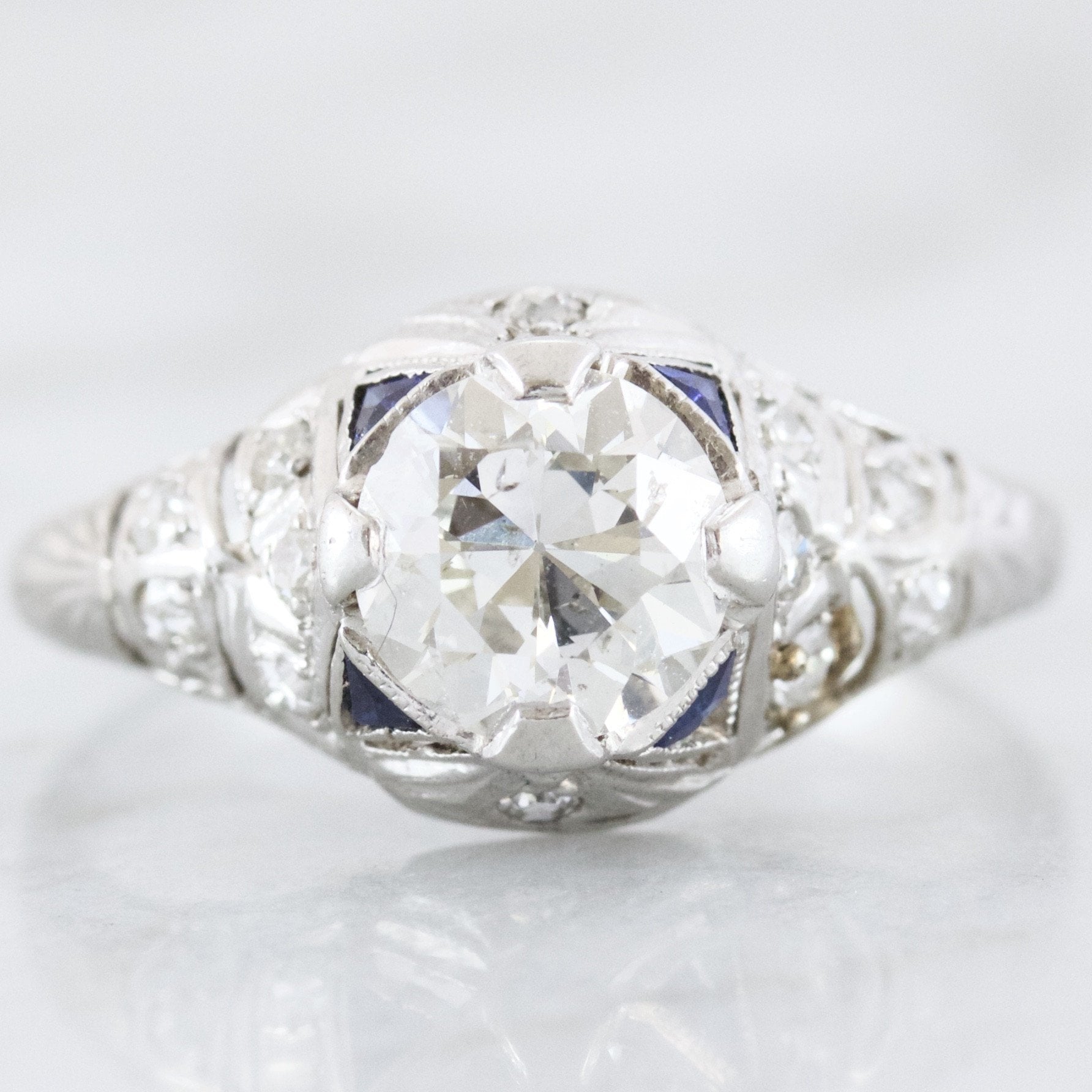Art Deco Old European Cut Diamond and Sapphire Ring | Vera - Victor Barbone Jewelry