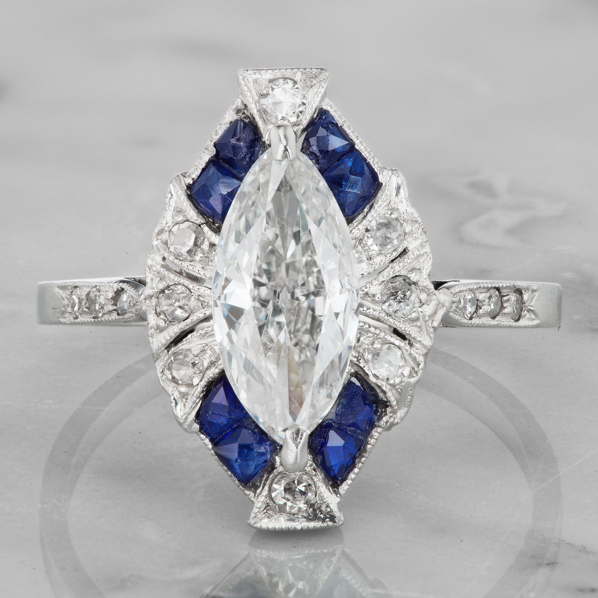 Art Deco Marquise Engagement Ring Diamond & Sapphire | Victor Barbone