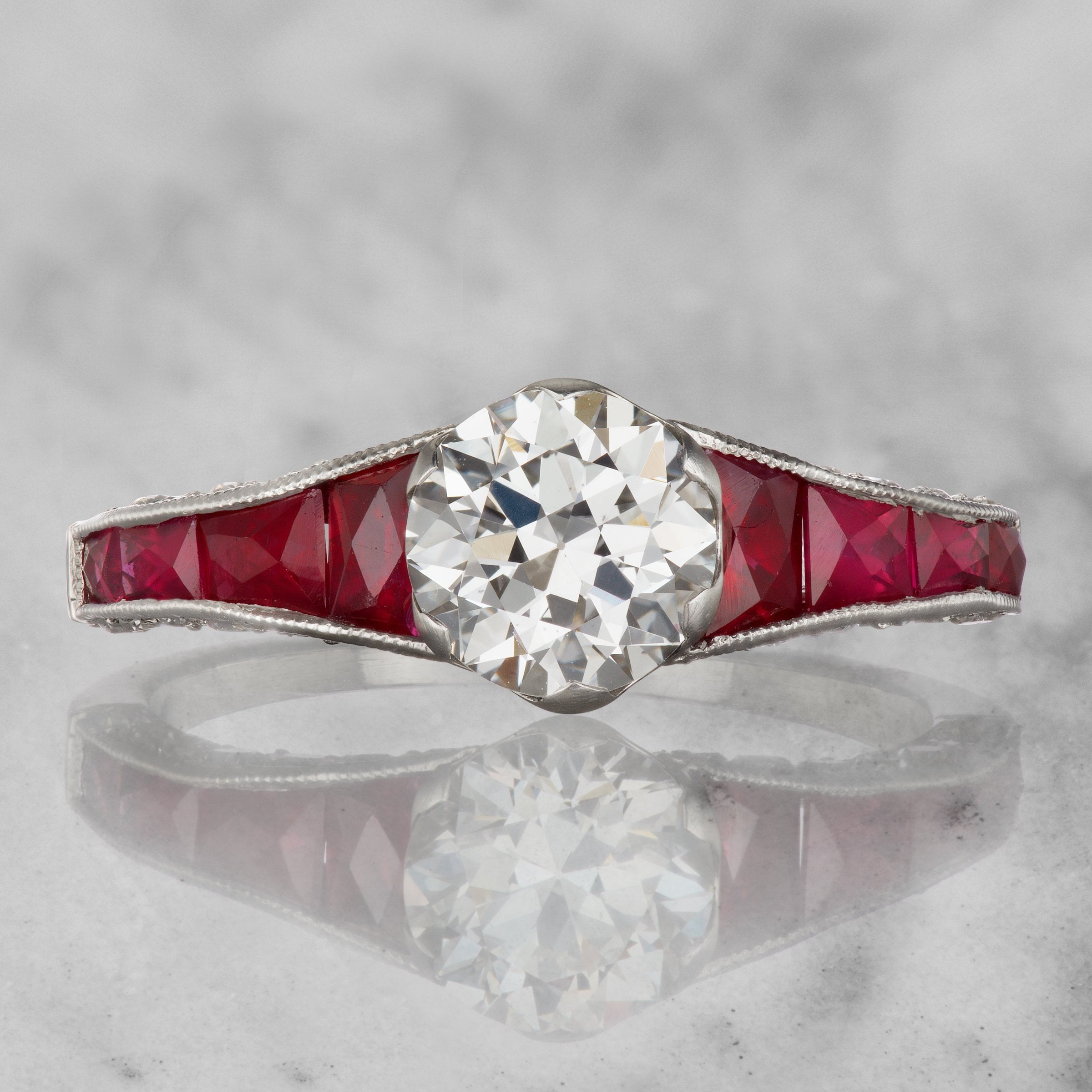 Red Ruby & Transitional Cut Diamond Engagement Ring | Victor Barbone