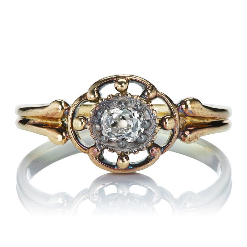 Old Mine Cut Diamond Antique Ring with Floral Open Filigree