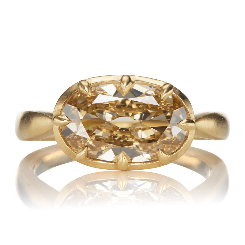 East-West Set Champagne Oval Diamond in Gold Collet Setting