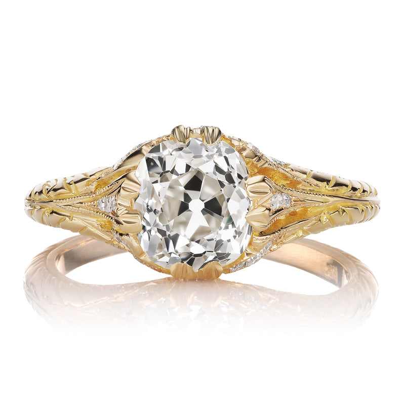 1.6 Carat Old Mine Cut Diamond Ring with Intricate Gold Setting