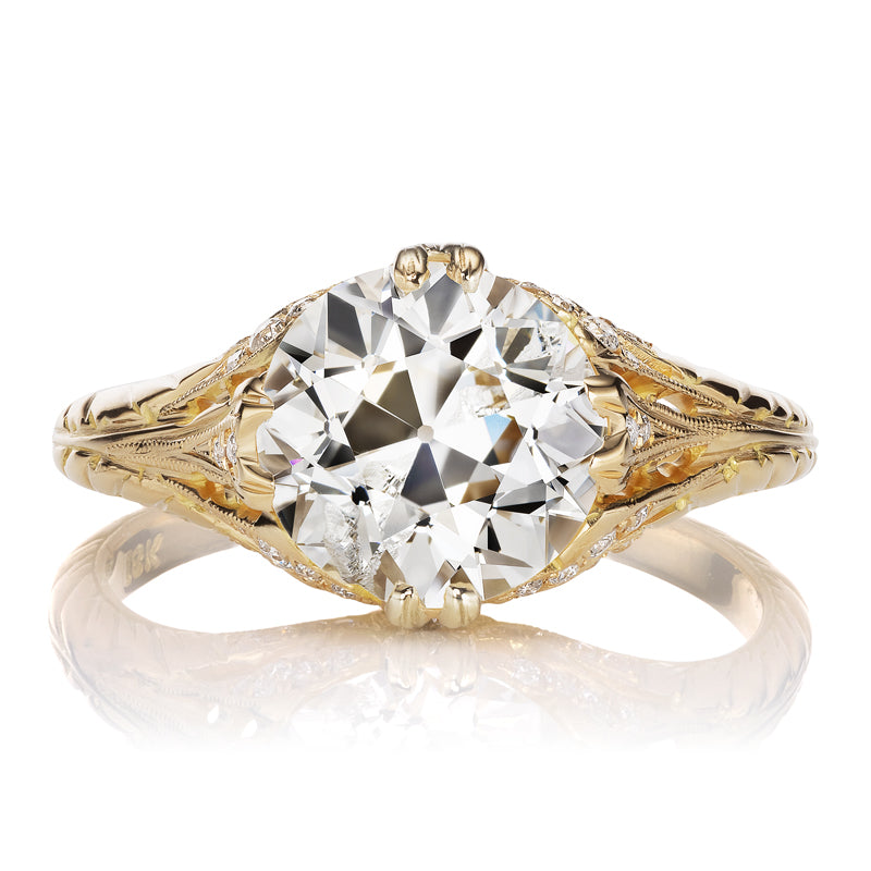 Old European Diamond Ring with Gold Delicate Engraved Setting