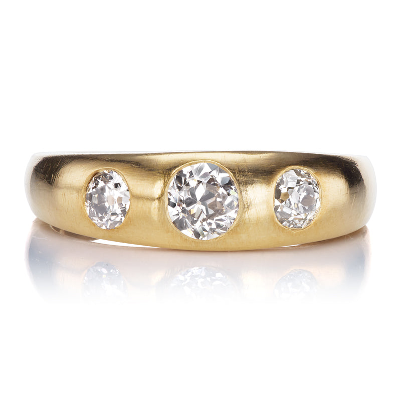 Champagne Old Mine Cut Diamond Three Stone Gypsy Set Ring