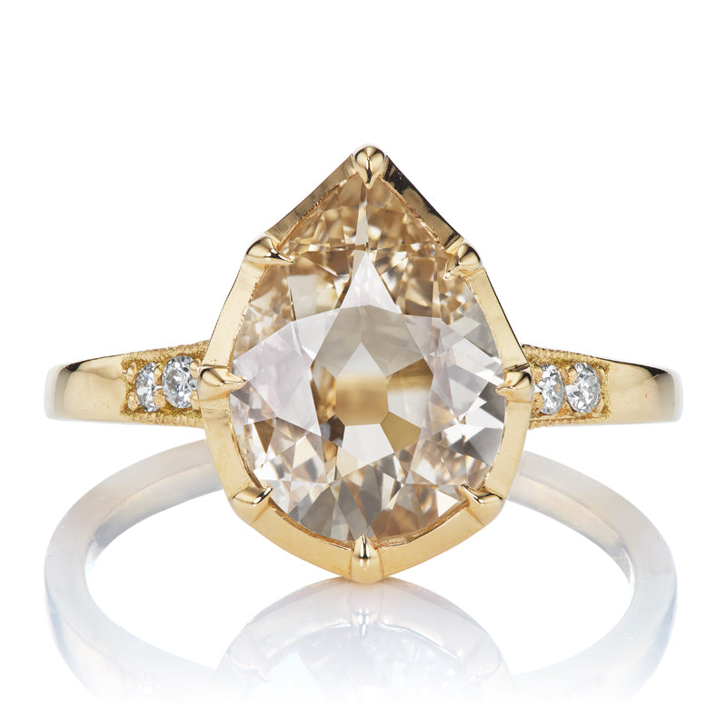 Champagne Colored Antique Pear Diamond Engagement Ring with Side Stones