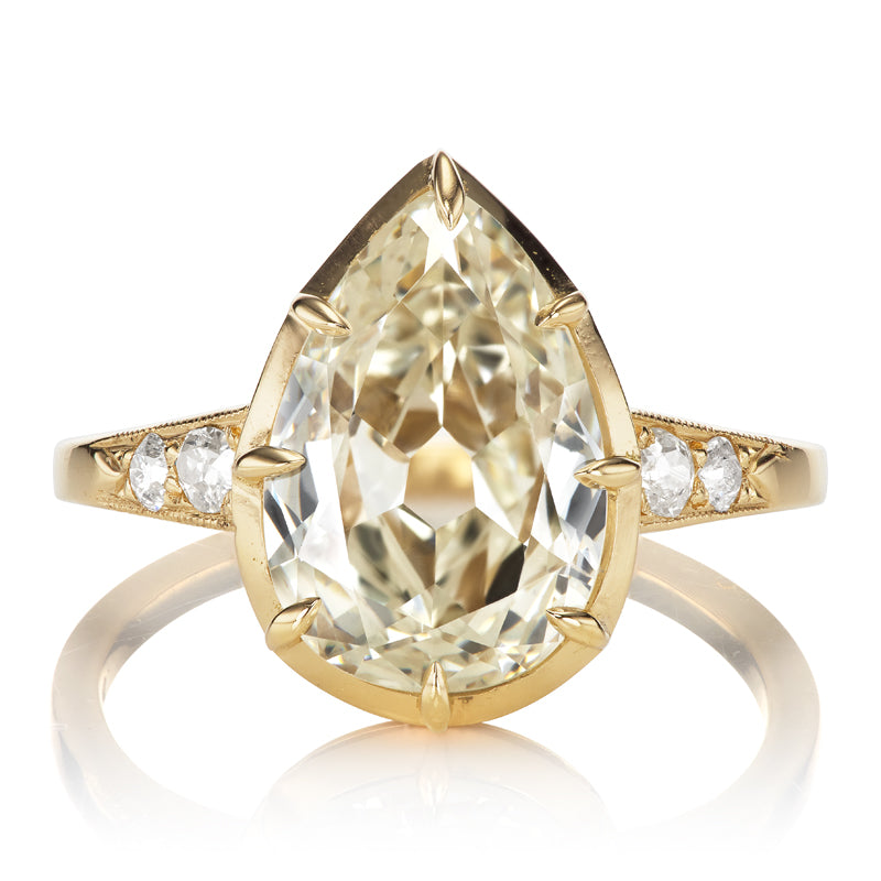 Champagne Toned 3 Carat Pear Cut Diamond in 18kt Gold Collet Setting
