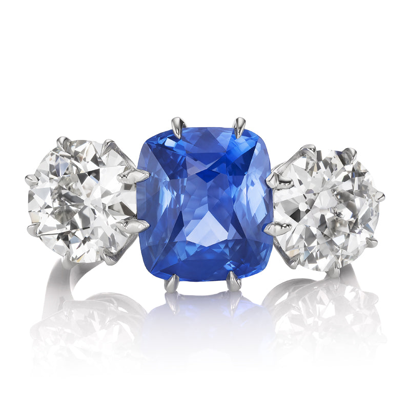 5 Carat No-Heat Cushion Sapphire and Diamond Side Stone Ring