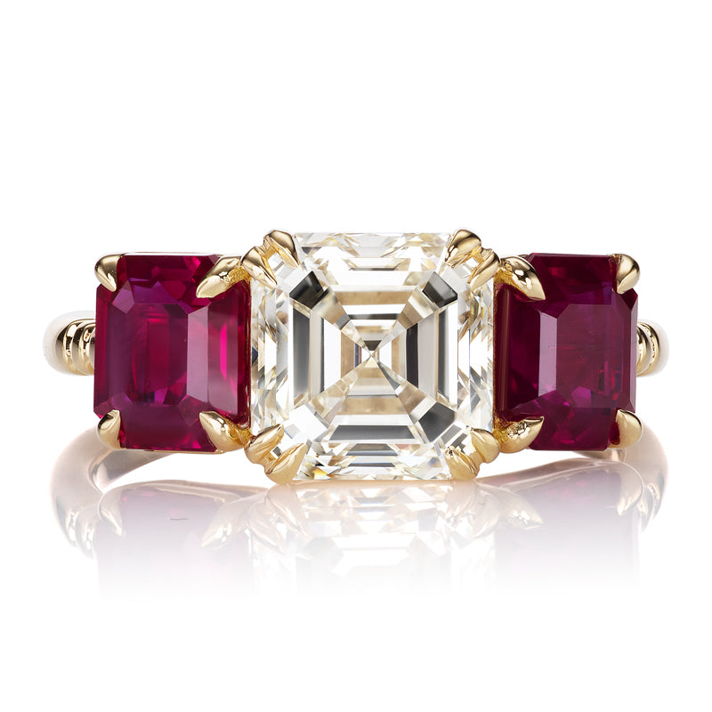 2.5 Carat Asscher Cut Diamond with Ruby Side Stones