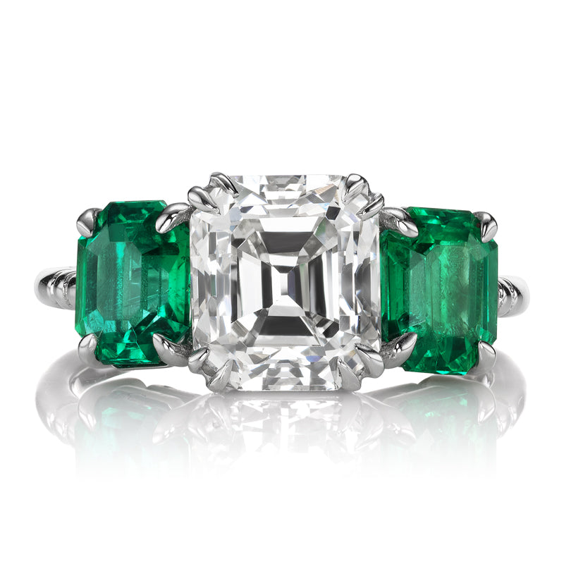 2.5 Carat Emerald Cut Diamond with Green Emerald Side Stones