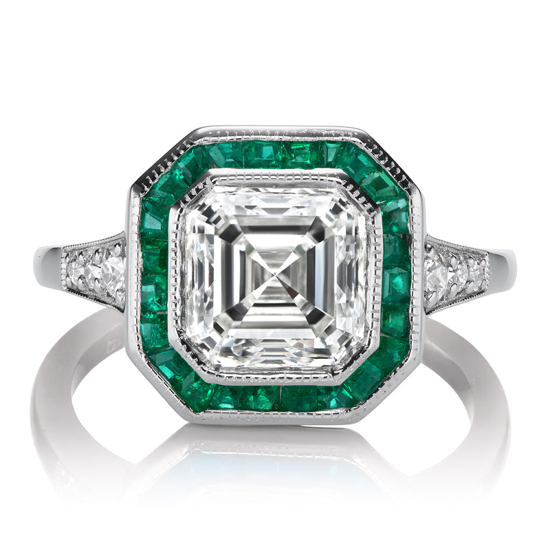 Art Deco-Inspired Carat Asscher Cut Diamond with Emerald Halo