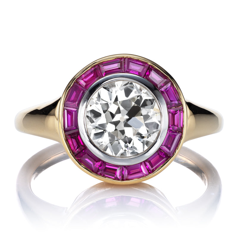 1.5 Carat Old European Cut Diamond Ring with Ruby Halo