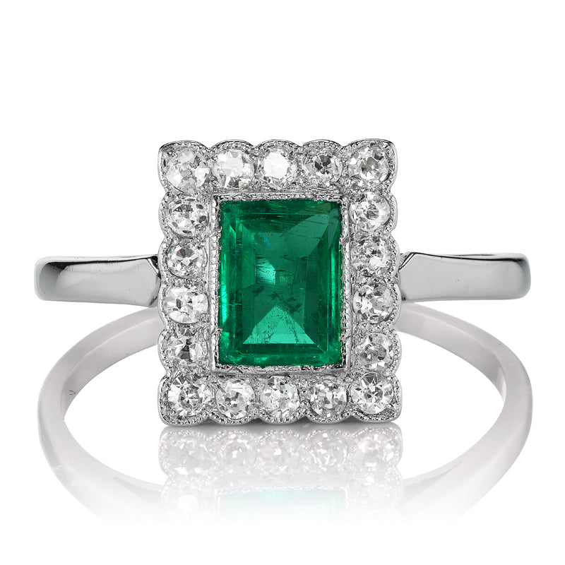 Vintage Emerald Ring with Antique Cut Diamond Halo