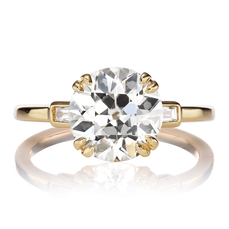Old European Cut Diamond Ring with Double Prongs and Baguette Side Stones