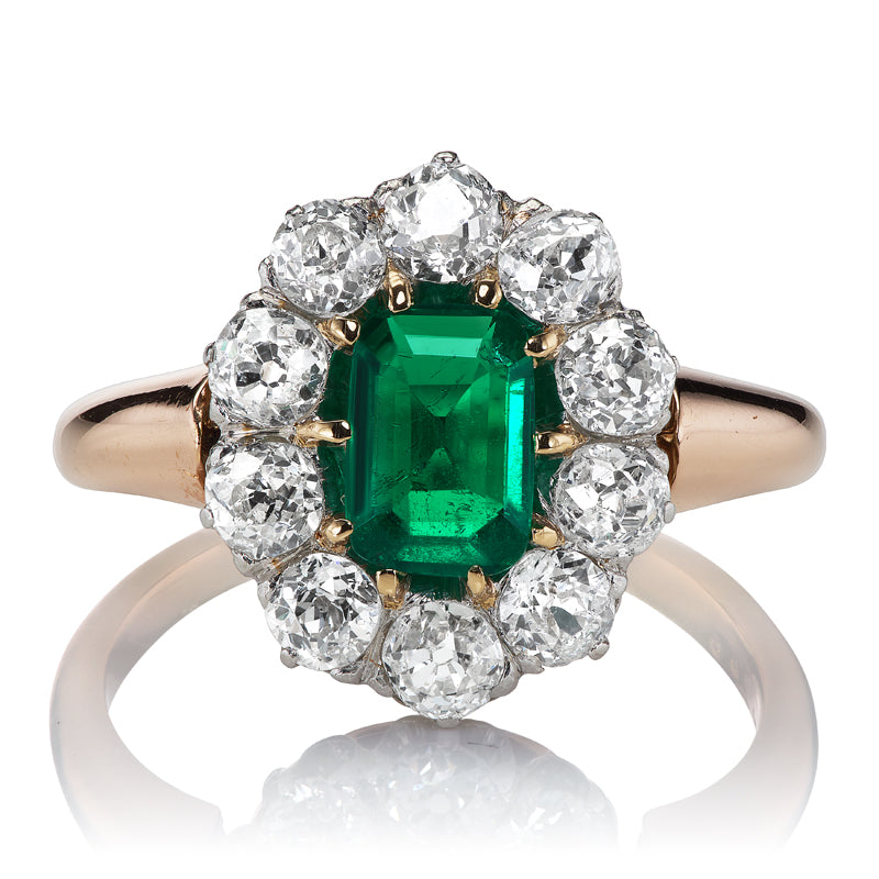 Antique Colombian Emerald and Diamond Cluster Ring