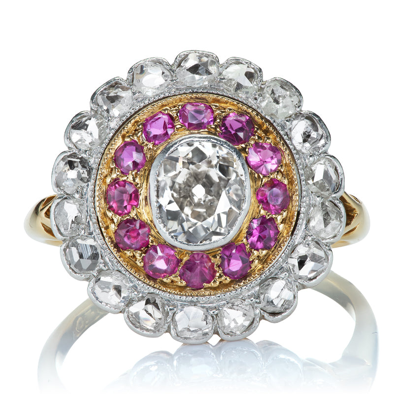 Antique Double Halo Ruby and Diamond Cluster Ring
