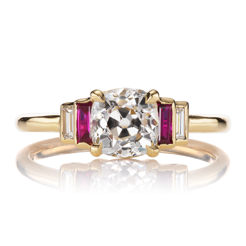 1 Carat Old Mine Cut Diamond with Ruby Side Stones
