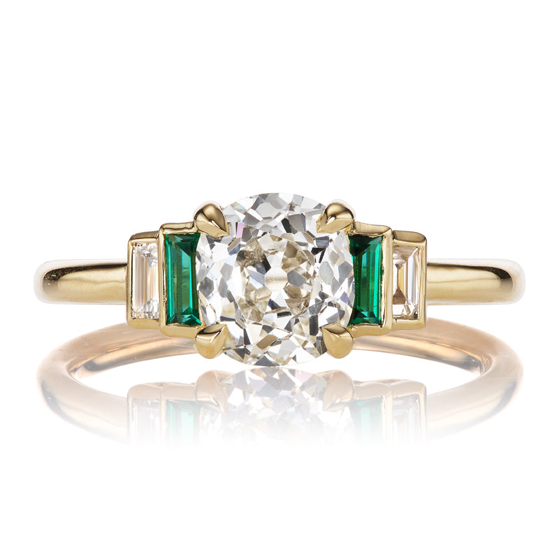 1.2 Carat Old Mine Cut Diamond Ring with Emerald Side Stones