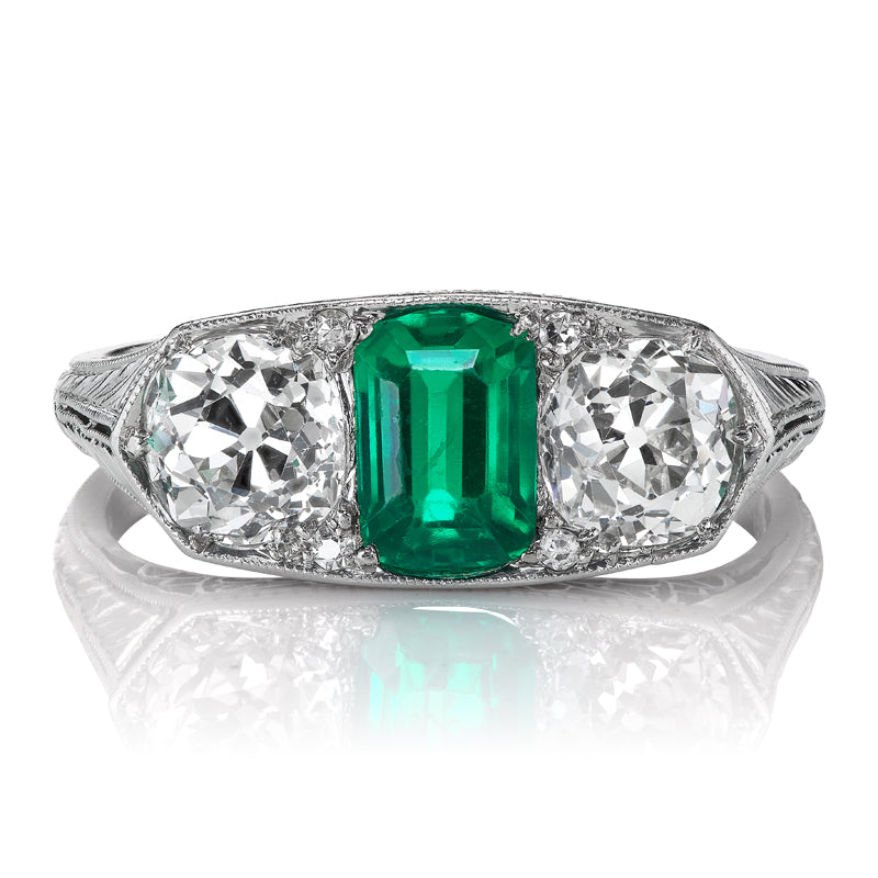 Art Deco Era Antique Colombian Emerald and Diamond Ring in Platinum