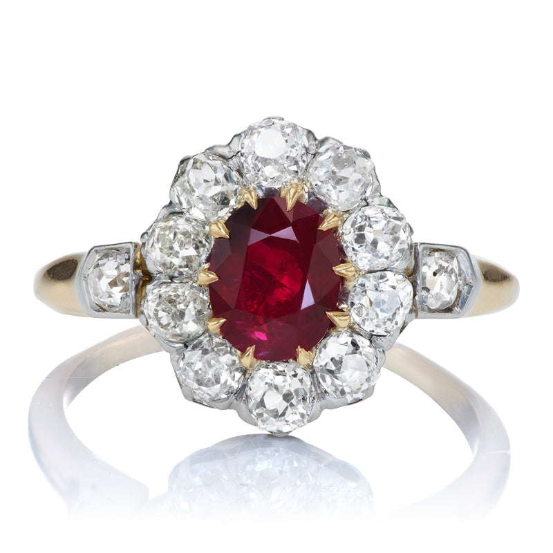 Antique Burma No Heat Ruby and Old Mine Cut Halo Cluster Ring