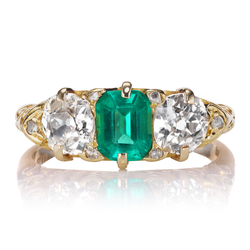 Colombian Emerald and Old Mine Cut Diamond Antique Half Hoop Ring