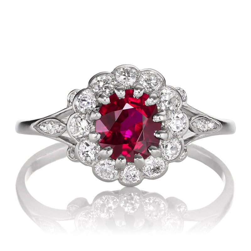 Edwardian Era Ruby Ring with Antique Diamond Halo