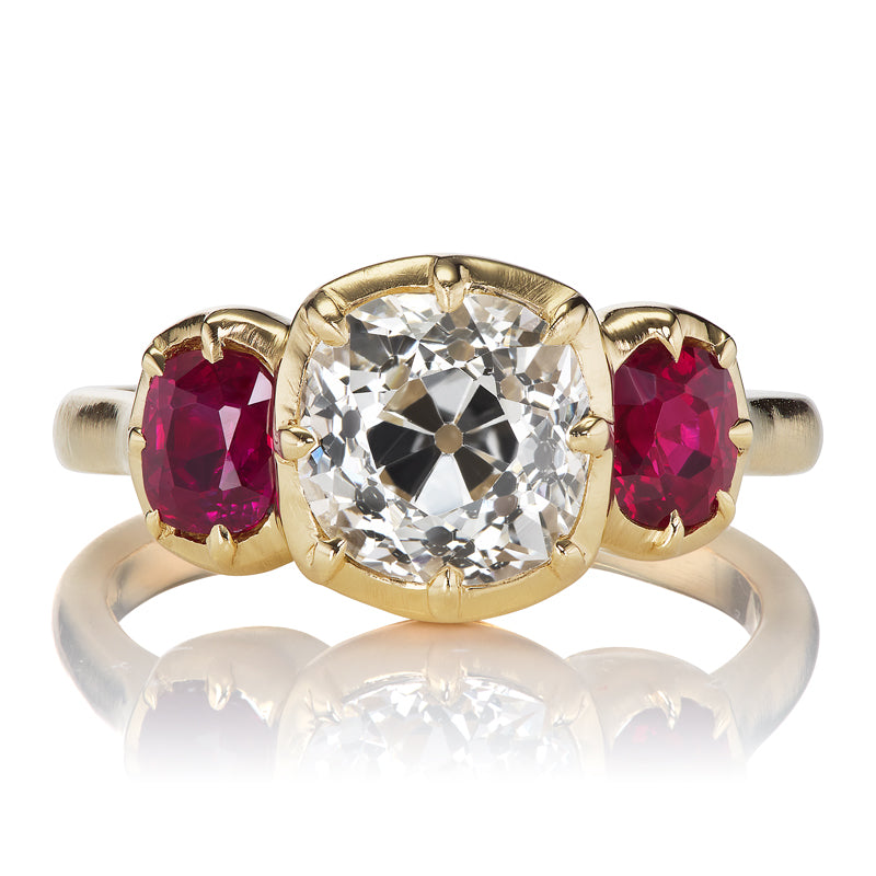 1.90 Carat Old Mine Cut Diamond Engagement Ring with Ruby Side Stones
