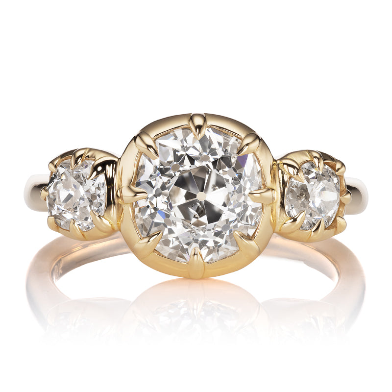 2 Carat Old Mine Cut Three Stone Diamond Ring in 18kt Gold Collet Setting