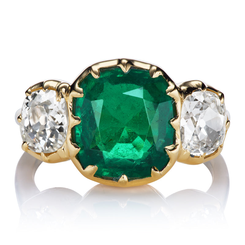 Zambian Emerald and Old Mine Cut Diamond Side Stones in Collet Setting